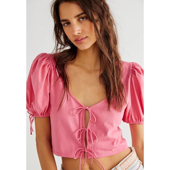 Free People Women's size XS Hot Pink Kitty Tee Puff Sleeve Cropped Tie Blouse - Picture 1 of 10